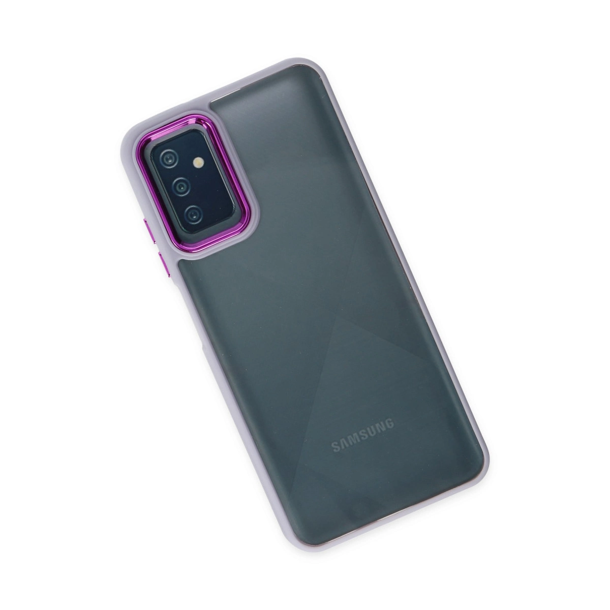 Mor çerçeveli ve kamera modüllü koyu gri telefon beyaz arka plan üzerinde.