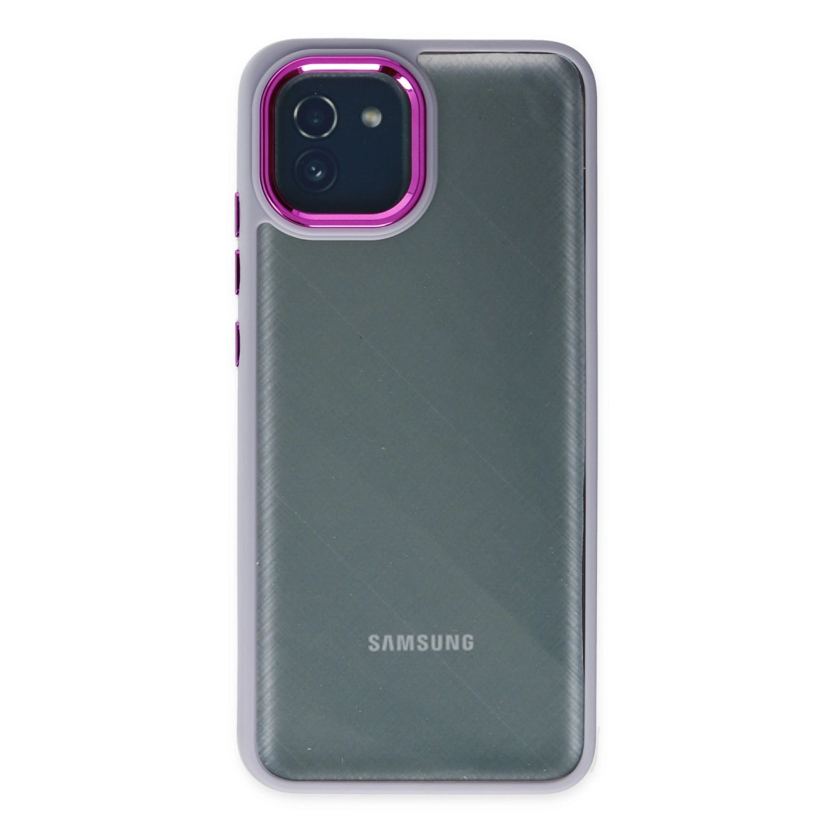 Pembe kamera çerçeveli ve gümüş logolu gri Samsung telefon kılıfı.