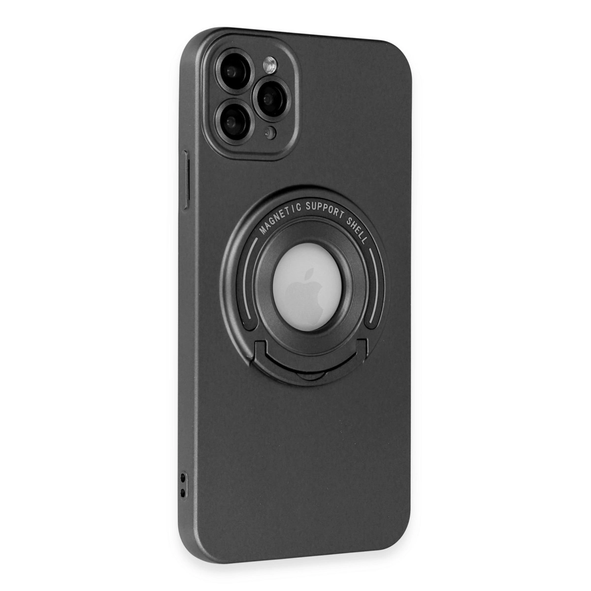 Apple logolu, manyetik halkalı koyu gri telefon kılıfı.