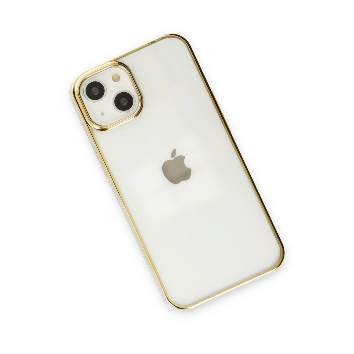 Beyaz arka plan üzerinde altın çerçeveli ve iki kameralı beyaz iPhone.