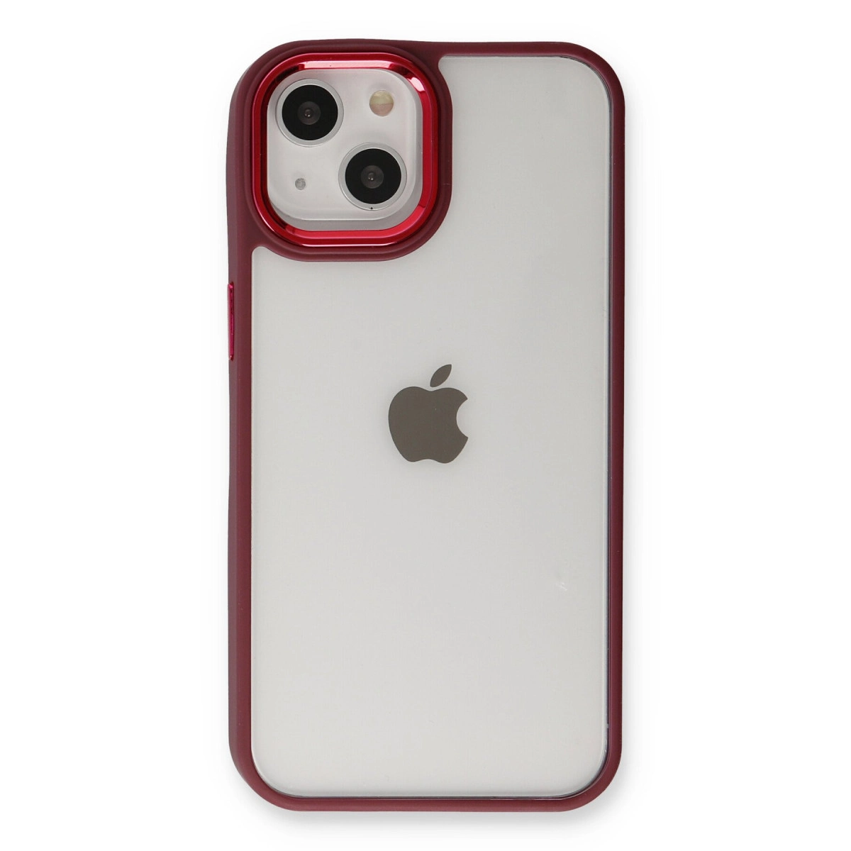 Şeffaf arkalı ve çift lensli kırmızı iPhone kılıfı.