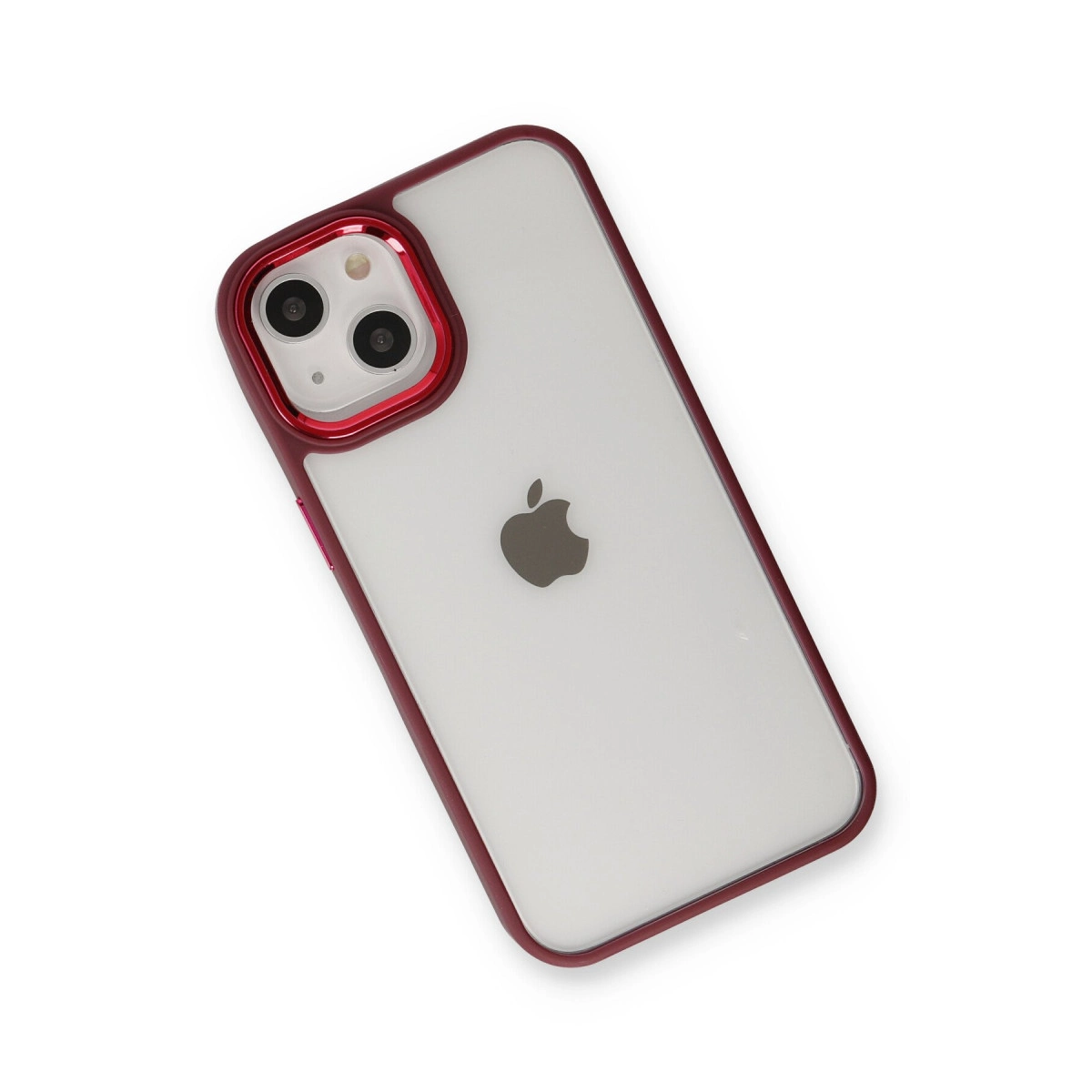 Kırmızı kenarlı şeffaf arka iPhone kılıfı, beyaz zeminde.