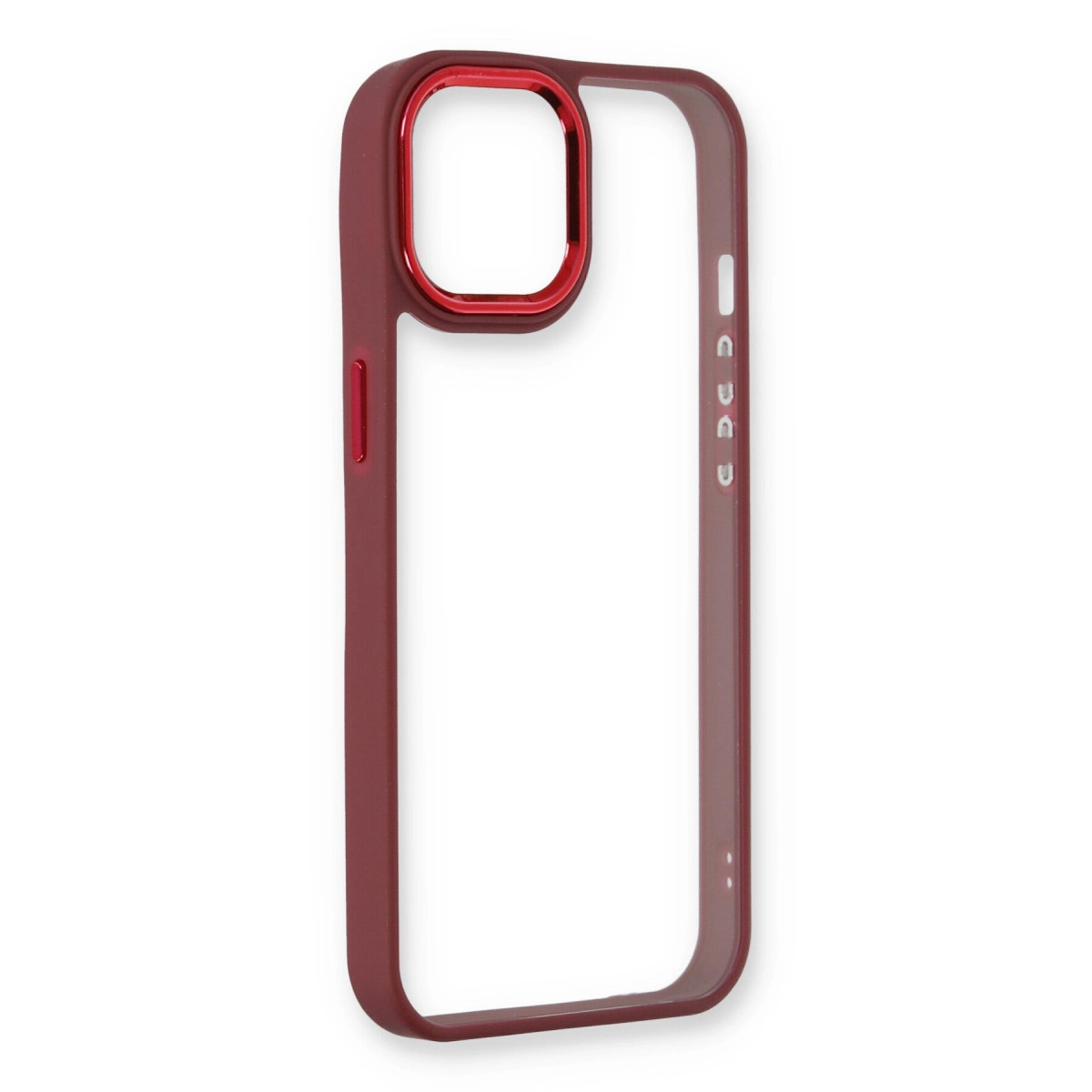 Bordo renkli telefon kılıfı, kamera açıklığı etrafında kırmızı kenarlı.