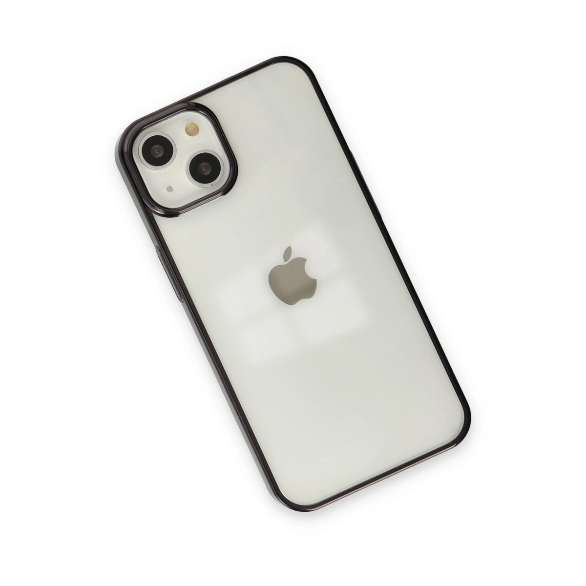 Arkada iki kamerası olan beyaz bir iPhone, siyah kenarlıklı.