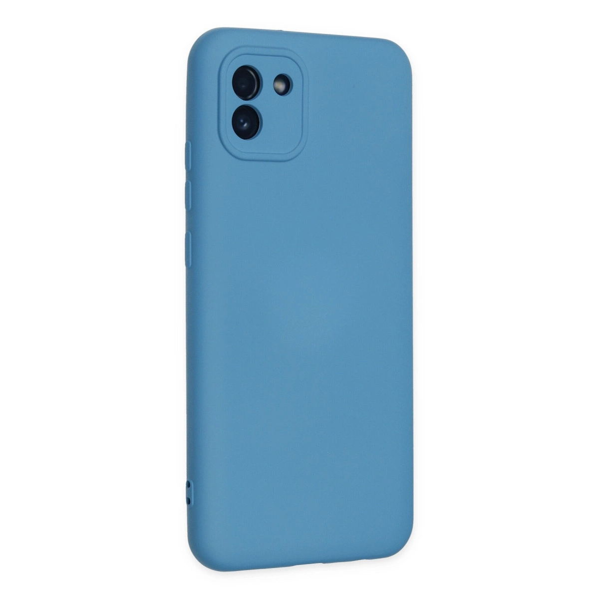 Yan düğmeli ve kamera kesimli mavi telefon kılıfı.