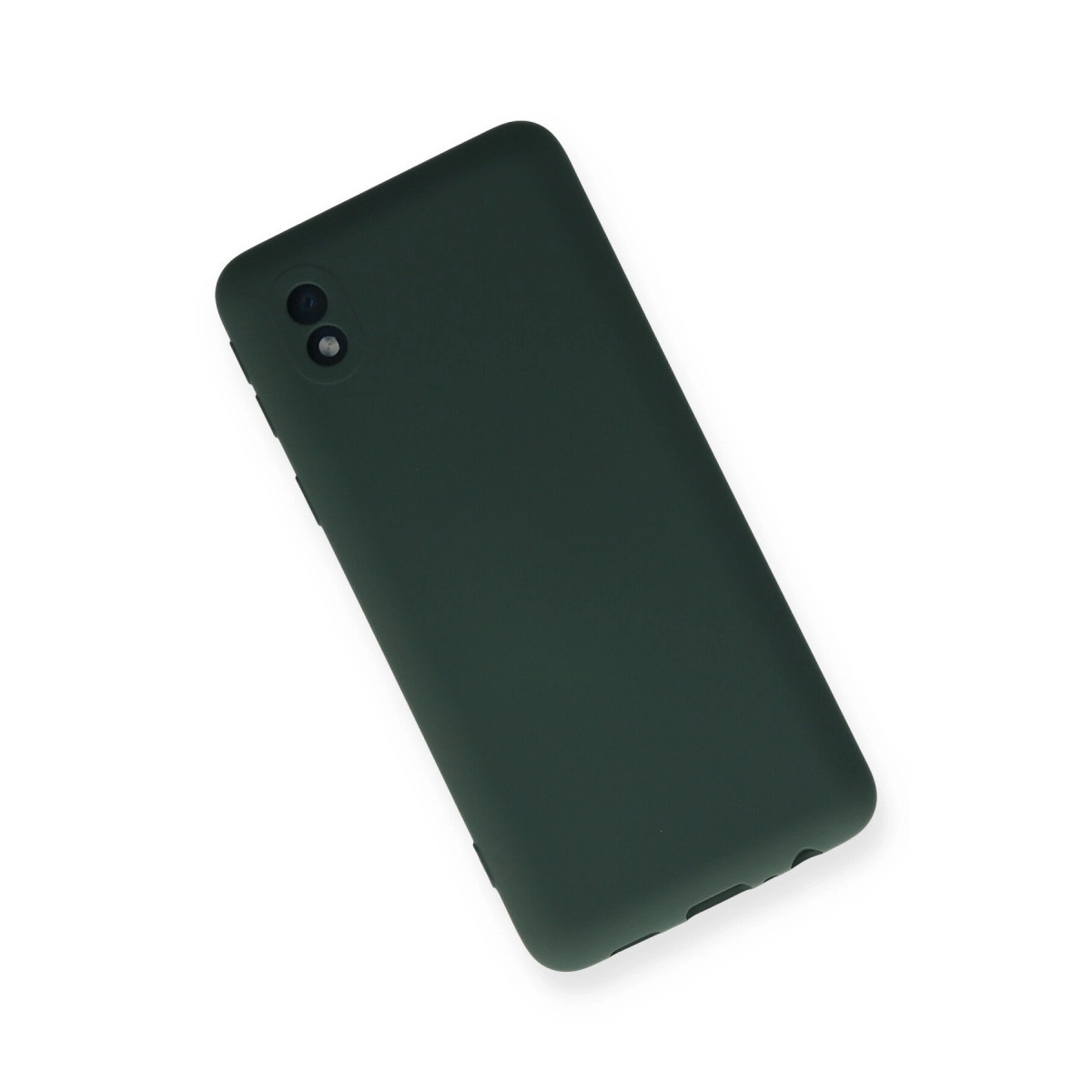 Beyaz arka plan üzerinde çift kamera kesimli koyu yeşil telefon kılıfı.