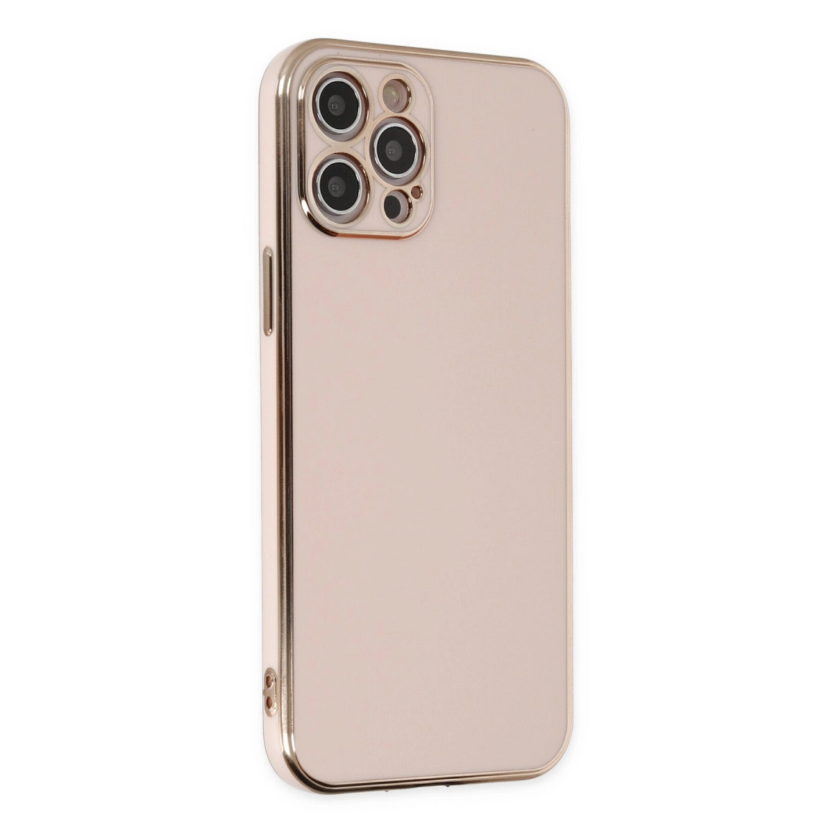 Beyaz arka plan üzerinde kamera modülü olan pembe altın telefon kılıfı.