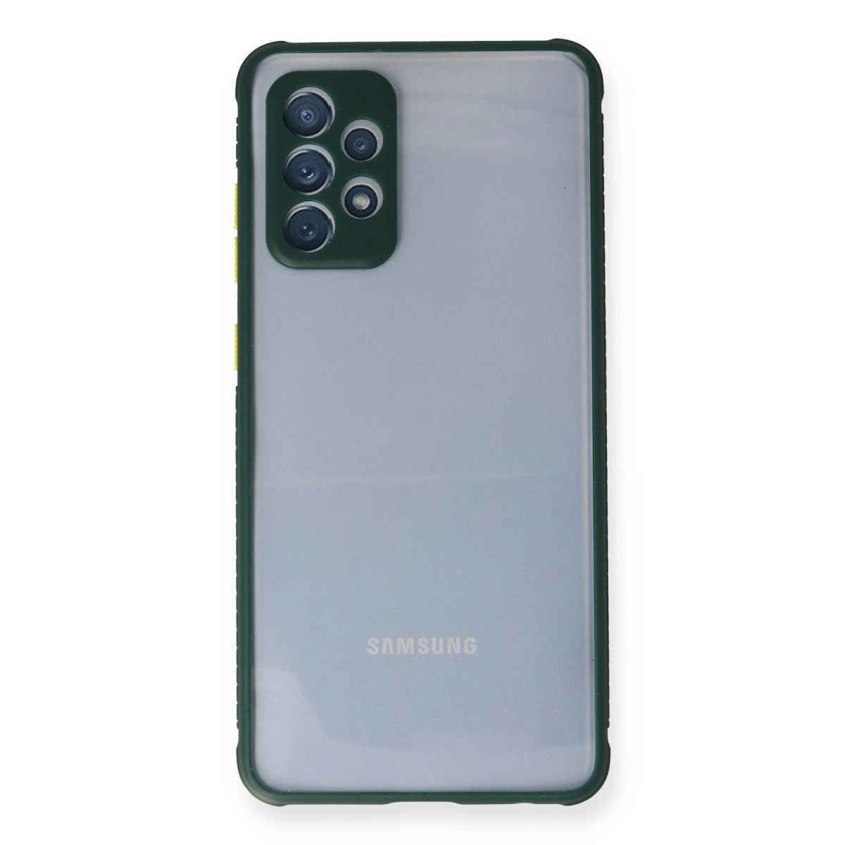 Şeffaf arka ve kamera seti bulunan koyu yeşil telefon kılıfı.