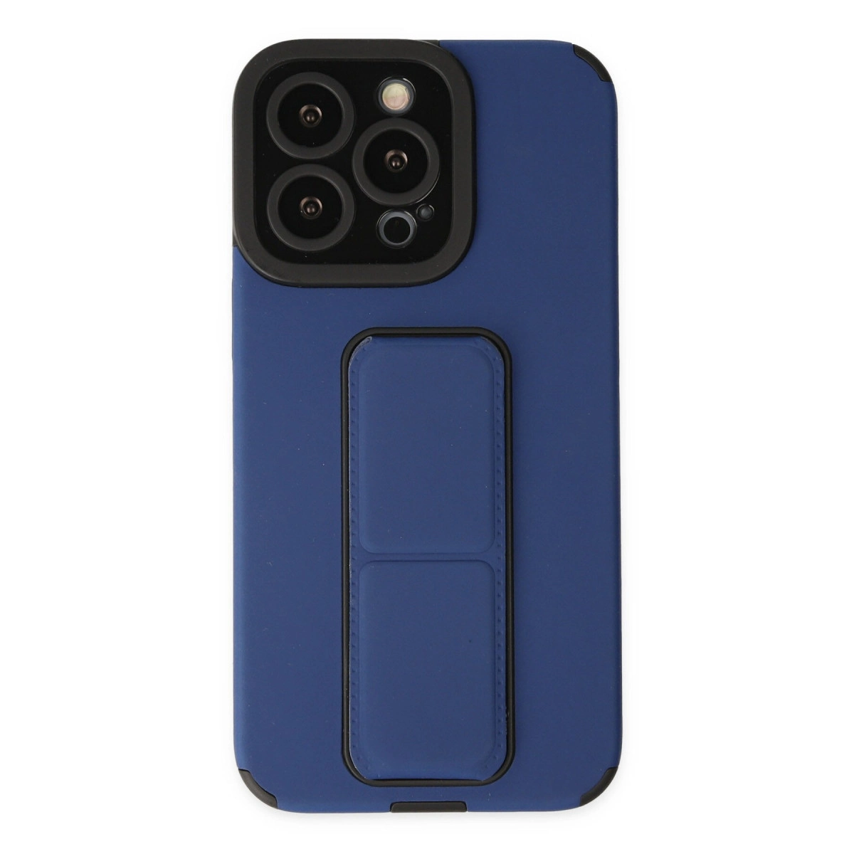 Entegre tutamaklı, siyah kamera çerçeveli mavi telefon kılıfı.