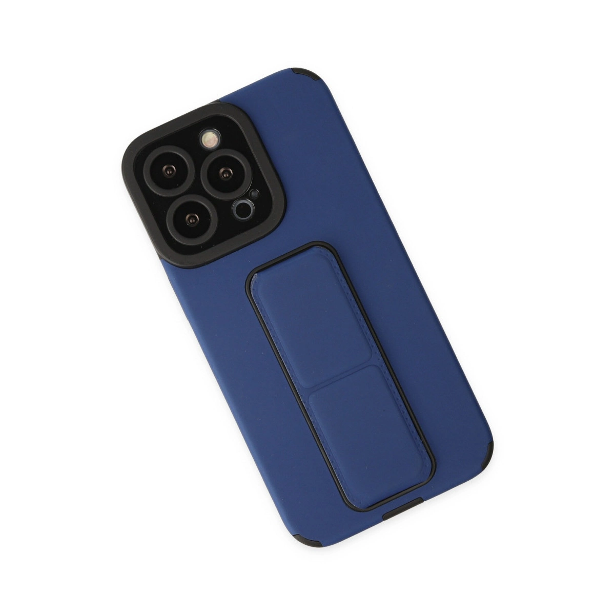 Siyah kamera modüllü ve tutamaklı lacivert telefon kılıfı.