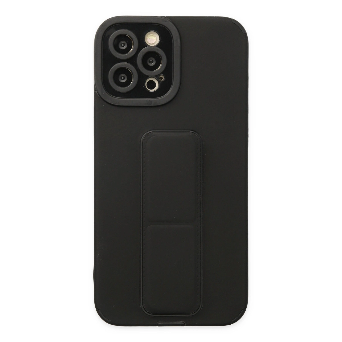 Kamera çıkıntılı ve arkada dikey tutma yeri olan siyah telefon kılıfı.