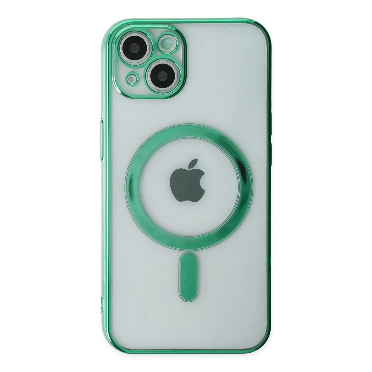 Beyaz arka plan üzerinde Apple logosu ve kameralı yeşil telefon kılıfı.