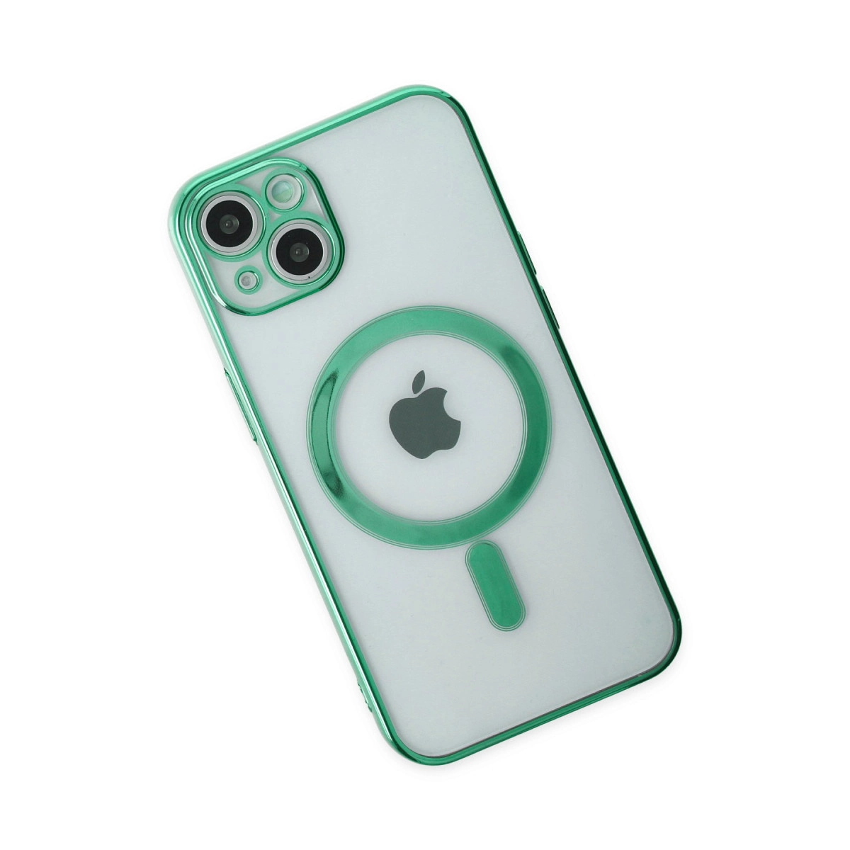 Yeşil kenarlı şeffaf telefon kılıfı ve üzerinde Apple logosu.