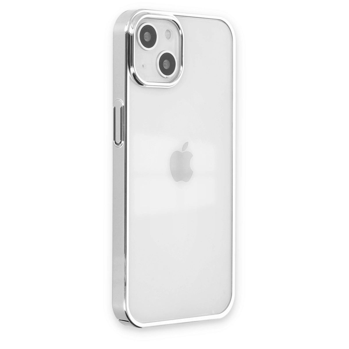 Gümüş kenarlı şeffaf kılıf, çift kamerayı ve Apple logosunu gösteriyor.