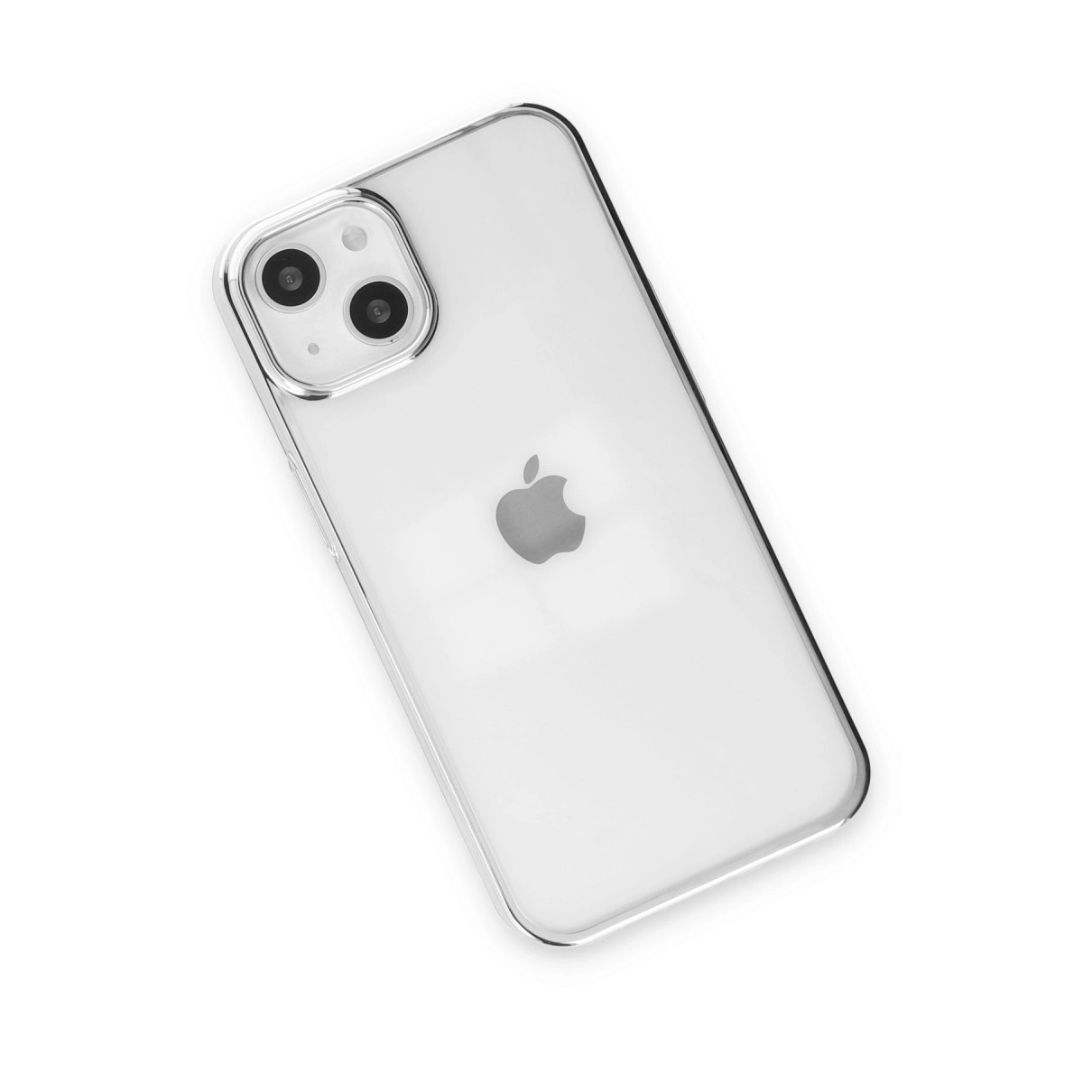 Beyaz arka plan üzerinde Apple logosu olan şeffaf iPhone kılıfı.