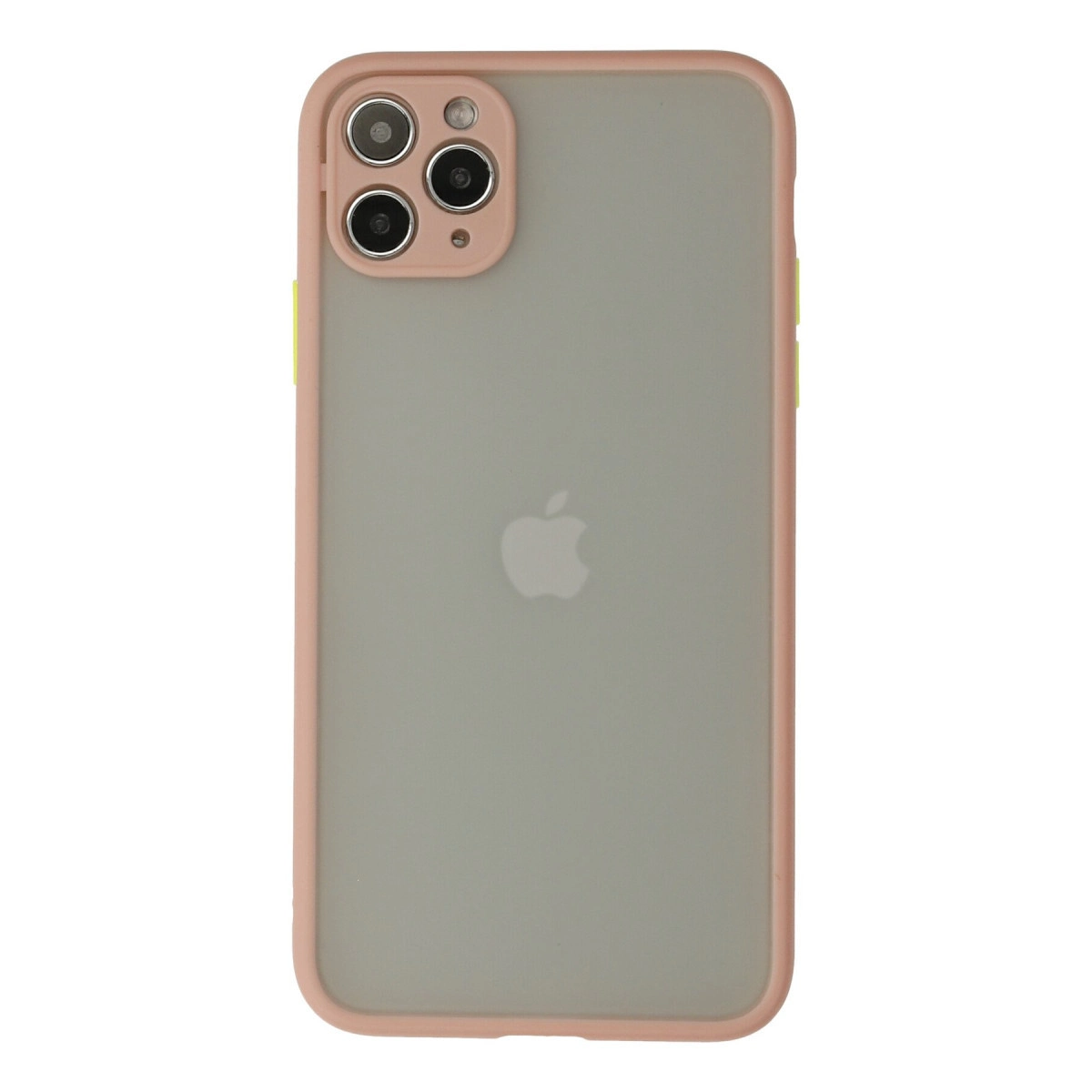 Üç kameralı ve Apple logolu açık pembe kılıfta iPhone'un arkası.