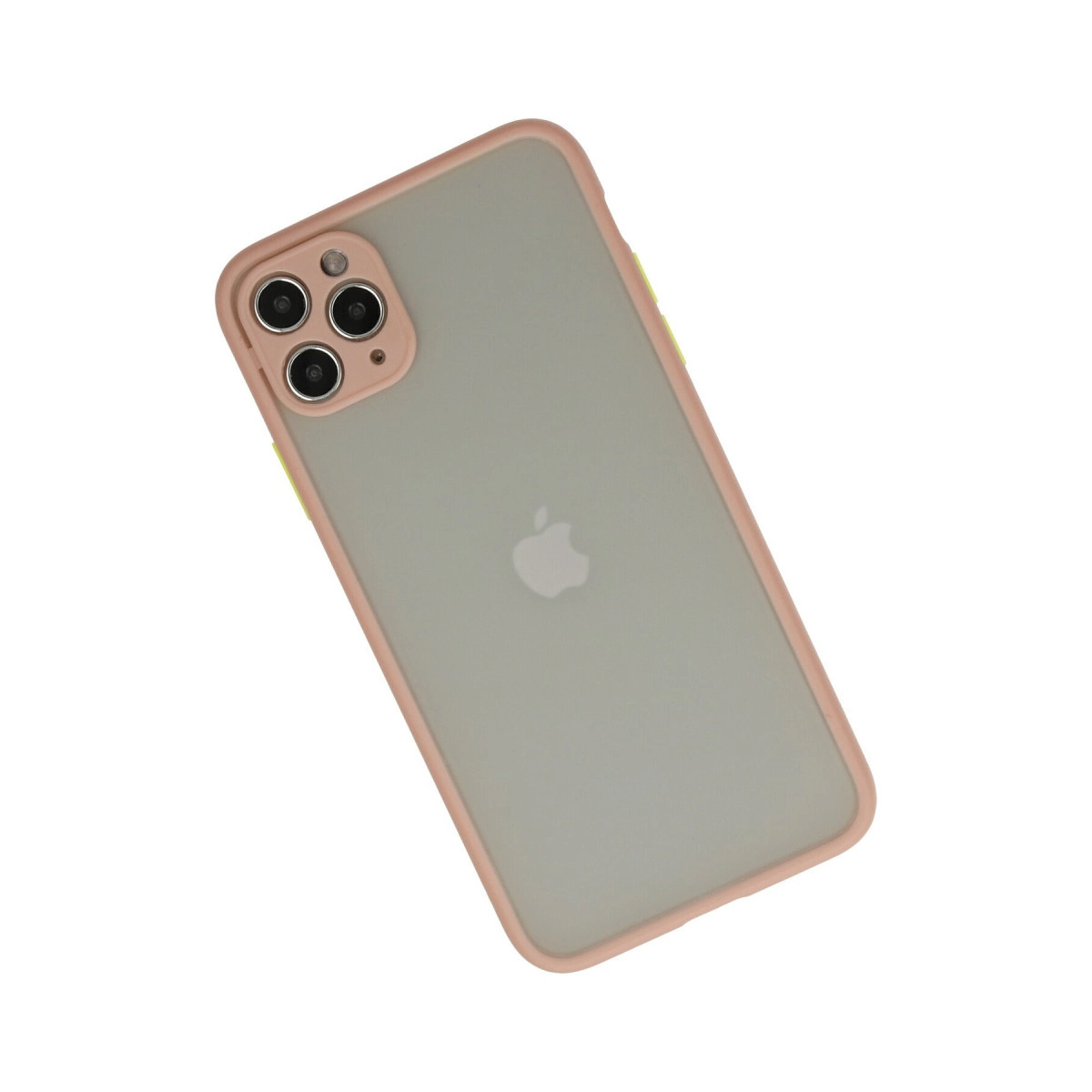 Pembe kenarlı ve üç kameralı şeffaf telefon kılıfı.