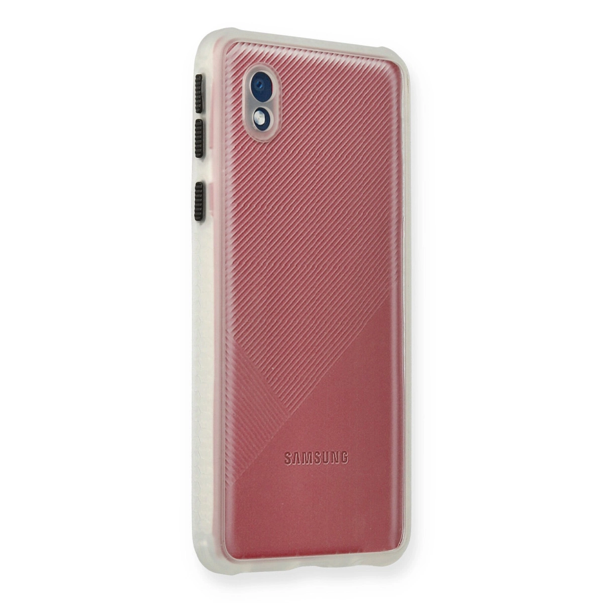 Kırmızı, çizgili desenli Samsung logolu telefon kılıfı, sol üst kamera açıklığı.