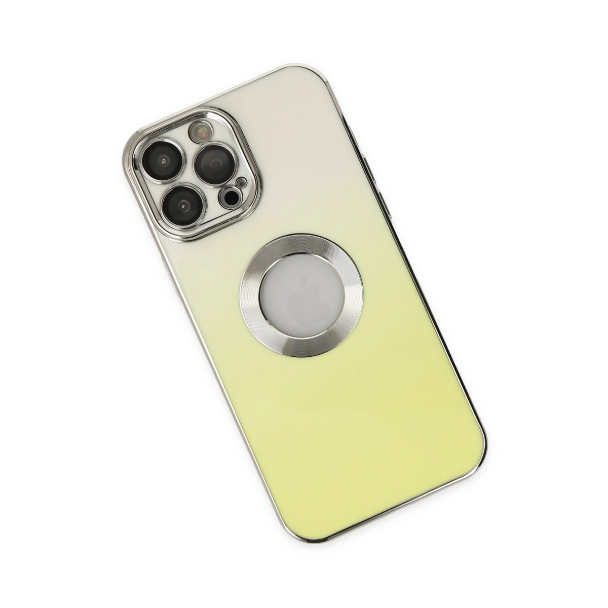 Kamera ve gümüş halkalı, gradyan sarısı bir iPhone.