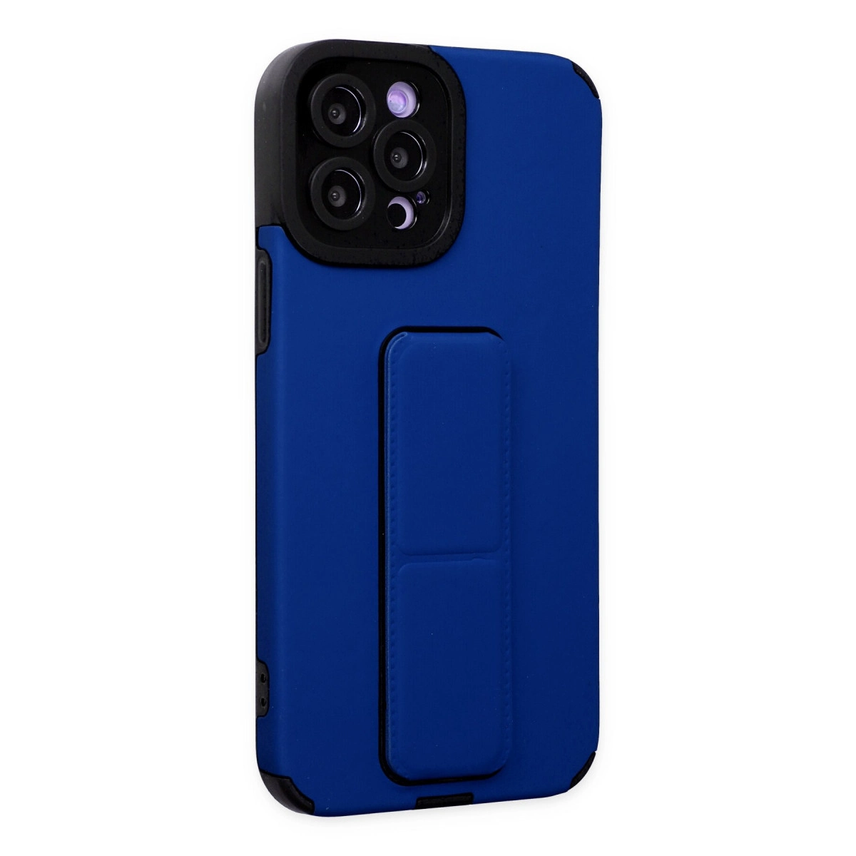 Entegre tutamaklı siyah kamera çerçeveli mavi telefon kılıfı.