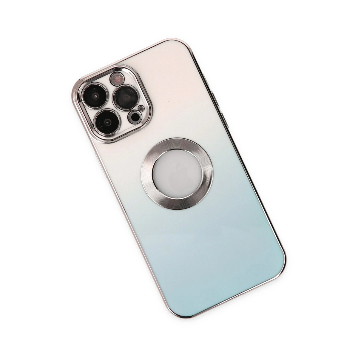 Gümüş iPhone, degrade mavi arka yüzü, üçlü kamerası ve dairesel Apple logosu.