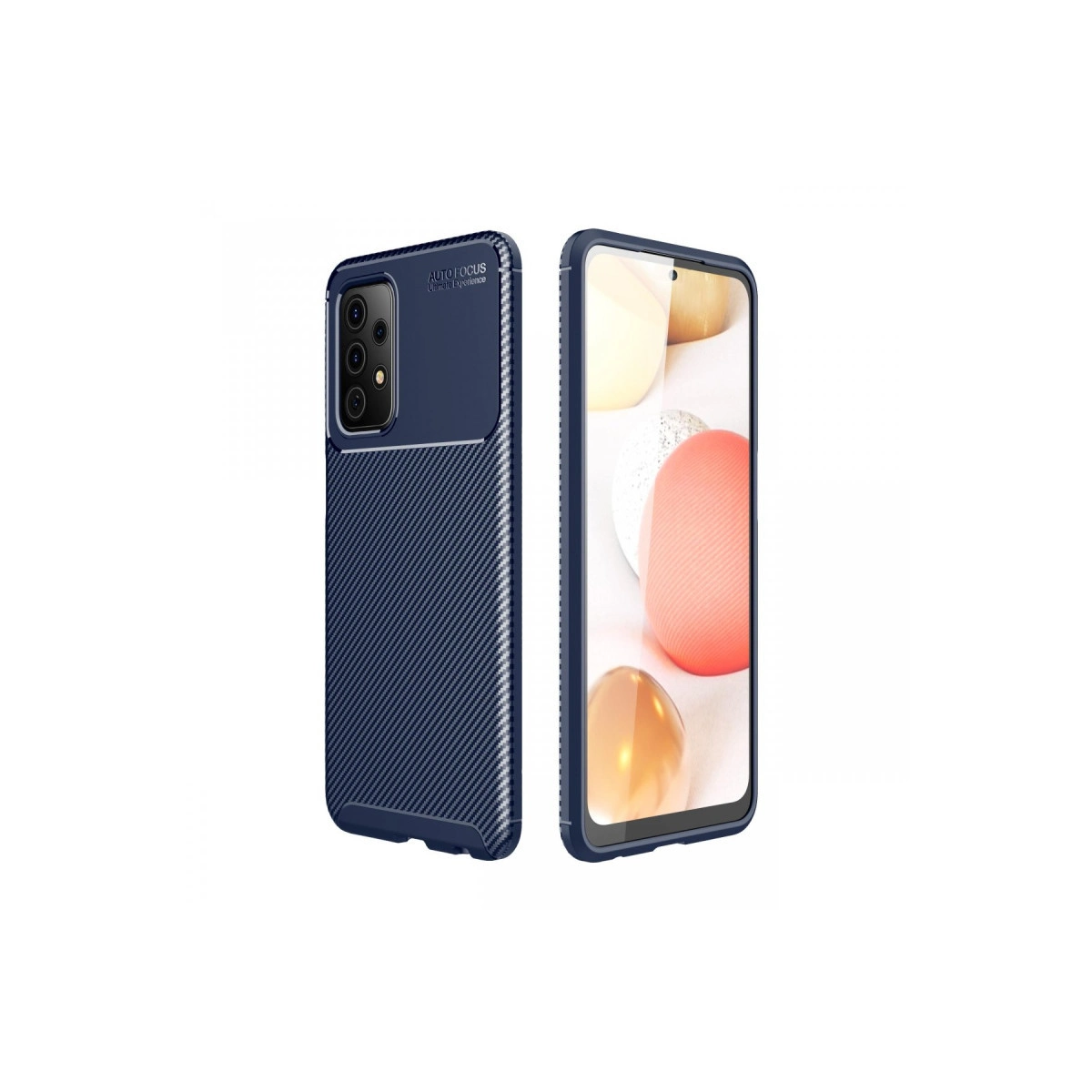Koyu mavi, nervürlü telefon kılıfı, ekranında renkli daireler olan bir akıllı telefonun yanında.