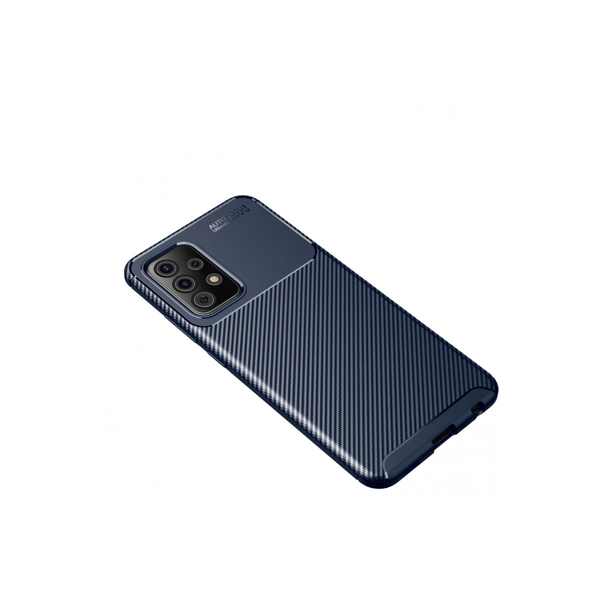 Karbon fiber desenli lacivert telefon kılıfı ve kamera lensleri.