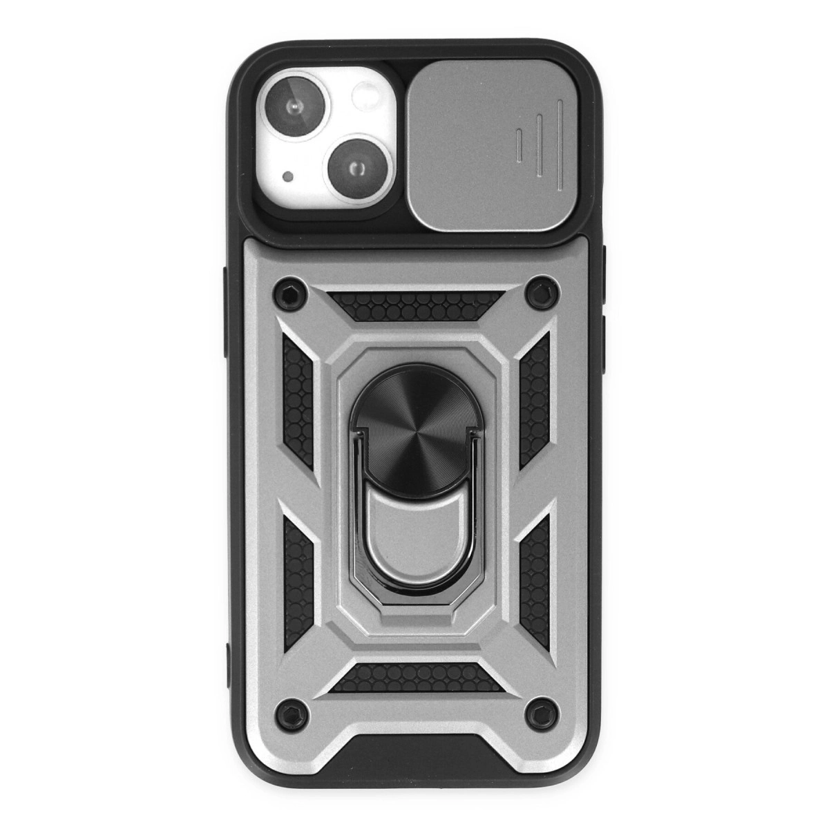 NEWFACE iPhone 14 Uyumlu Pars Lens Yüzüklü Silikon Telefon Kılıfı Gümüş