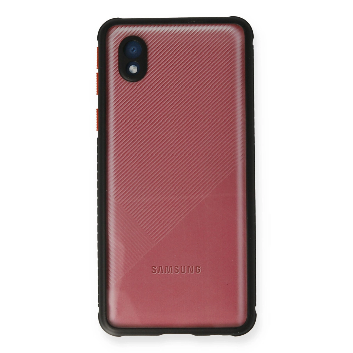 Kamera lensli ve yivli desenli kırmızı Samsung telefon arkası.