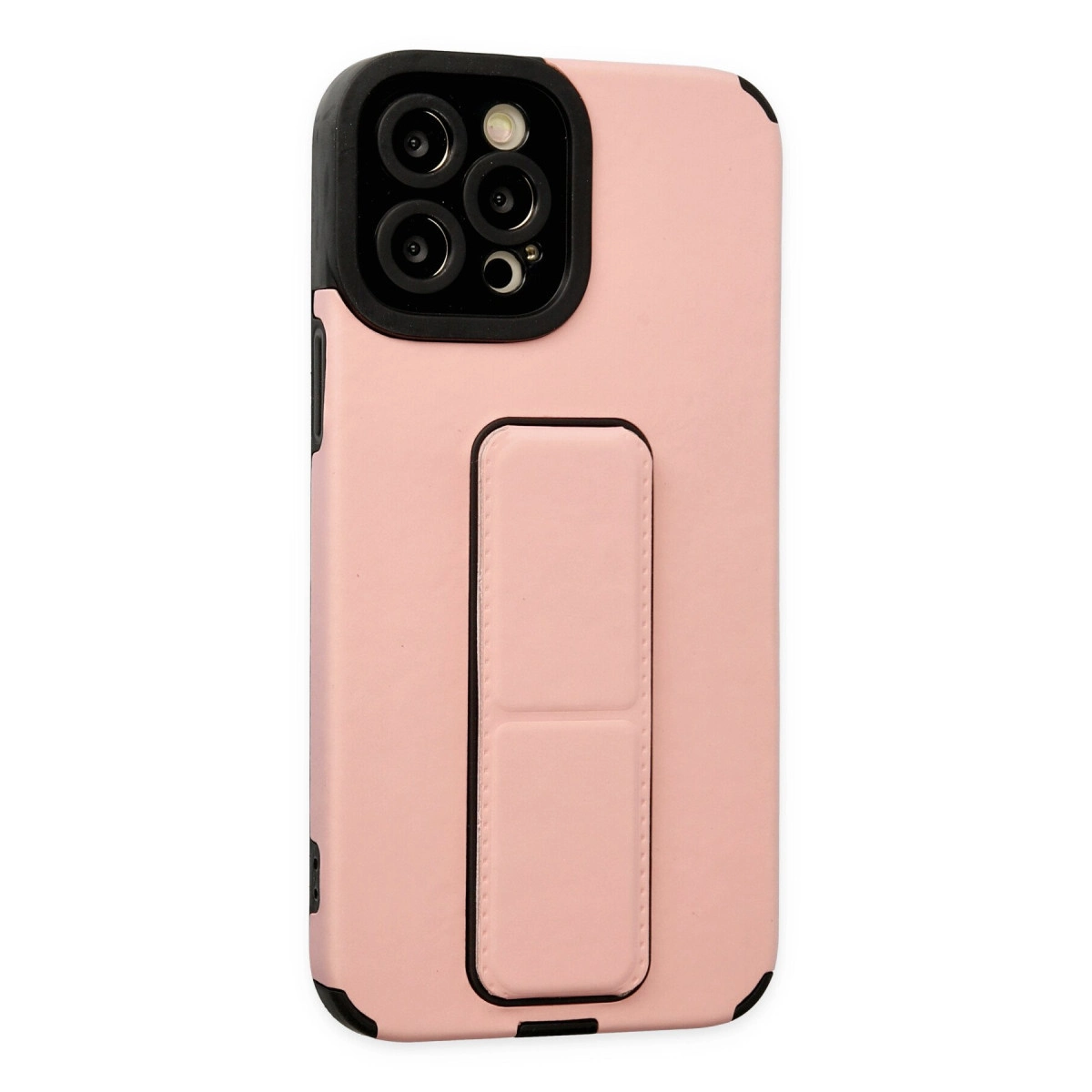 Entegre stantlı, siyah kamera çerçeveli pembe telefon kılıfı.