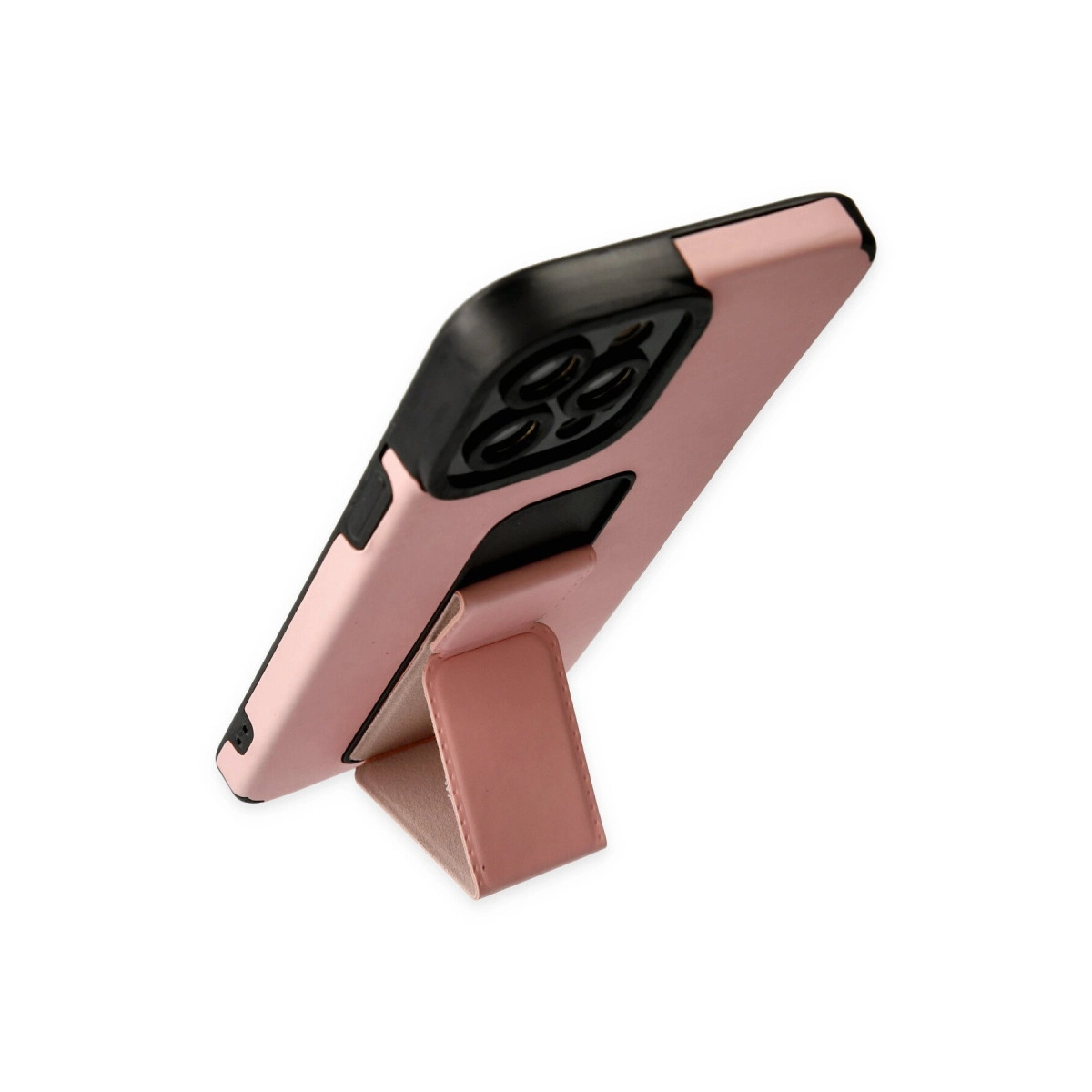 Siyah çerçeveli ve entegre stantlı pembe telefon kılıfı.