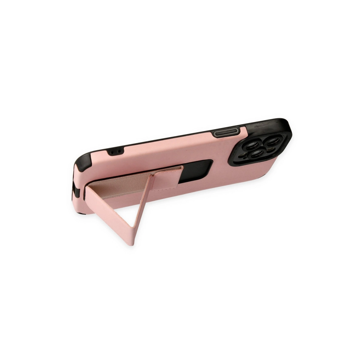 Pembe renkli telefon kılıfı, katlanabilir ayaklı, beyaz zeminde.