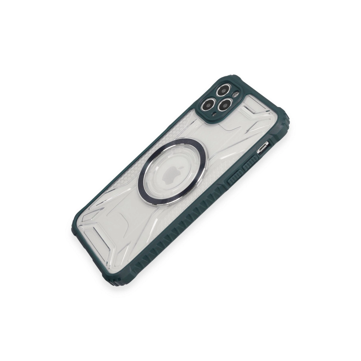 Şeffaf arka ve gümüş halkalı koyu yeşil telefon kılıfı.