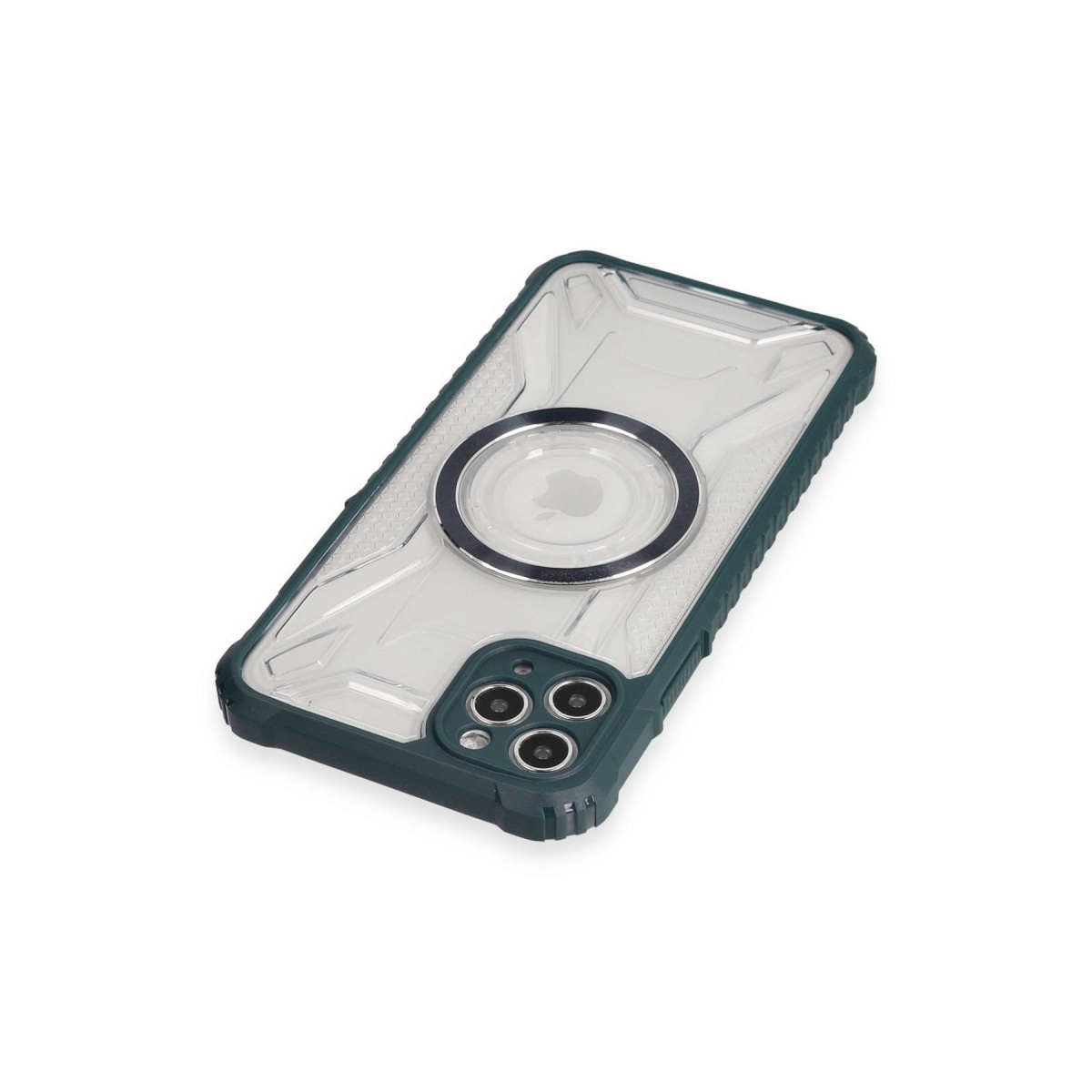 Metal halkalı, koyu yeşil ve şeffaf iPhone kılıfı beyaz arka plan üzerinde.