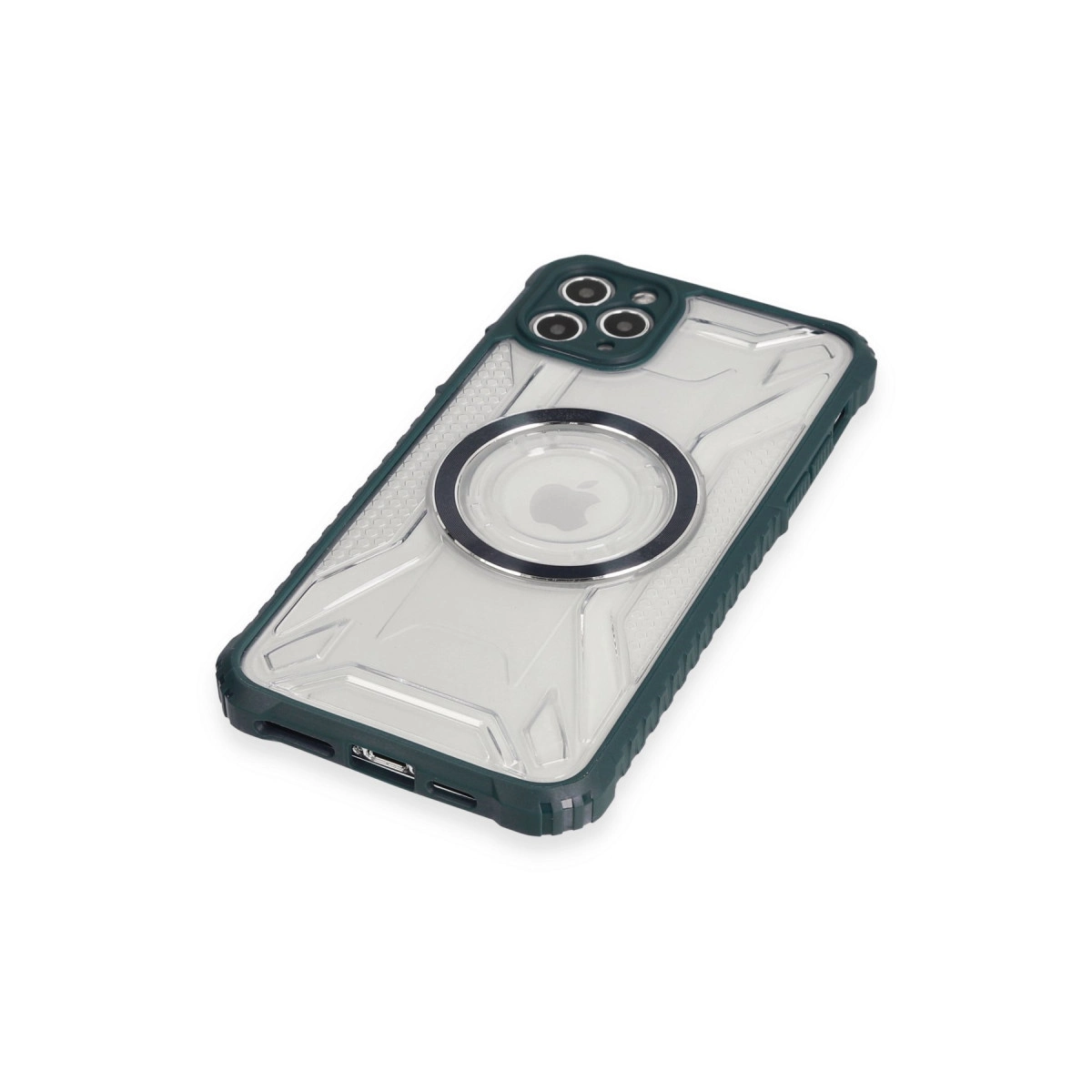 Şeffaf arka ve halka tutuculu koyu yeşil telefon kılıfı.