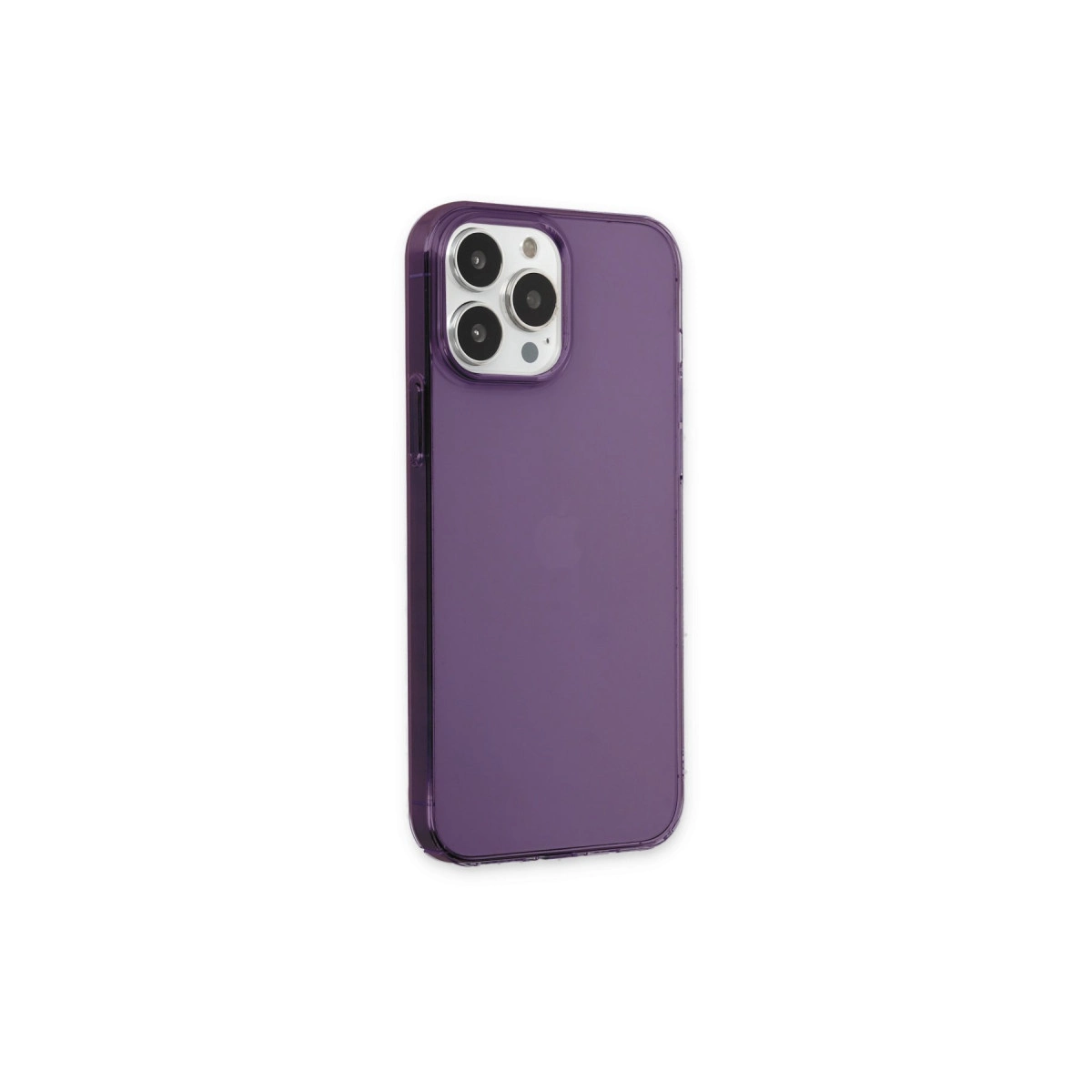 Beyaz arka plan üzerinde üç kameralı mor iPhone kılıfı.