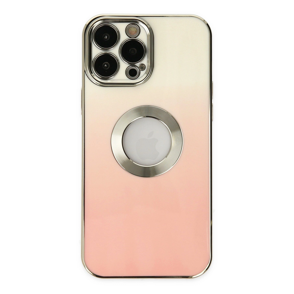 Kamera lensleri ve Apple logosu olan iPhone arka yüzü. Beyazdan pembeye renk geçişi.