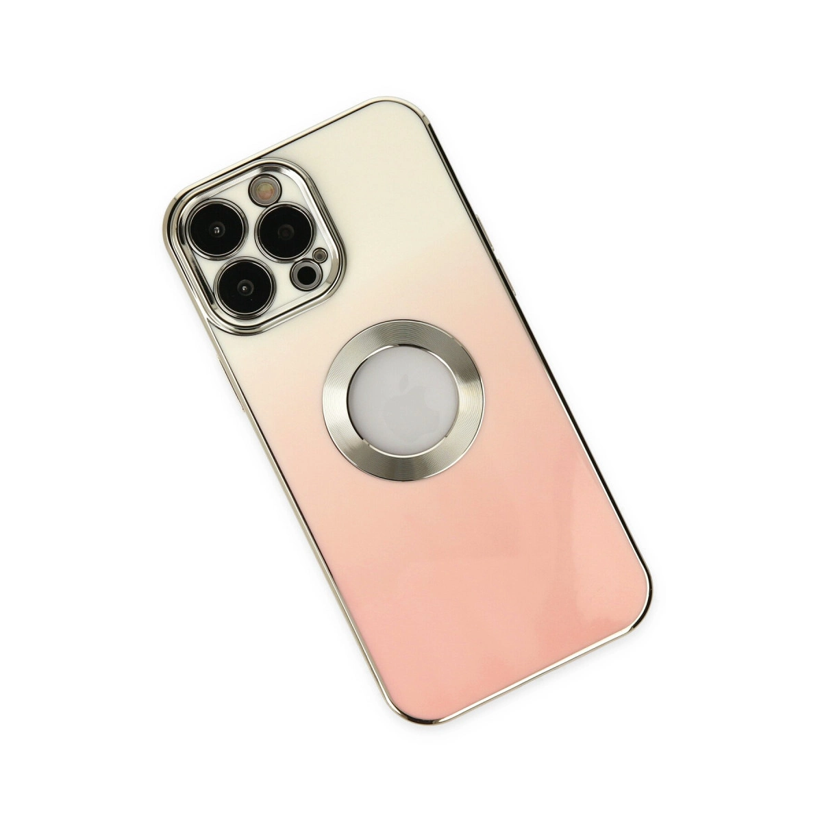 Kamera modülü ve yuvarlak ek parçalı pembe telefon kılıfı.