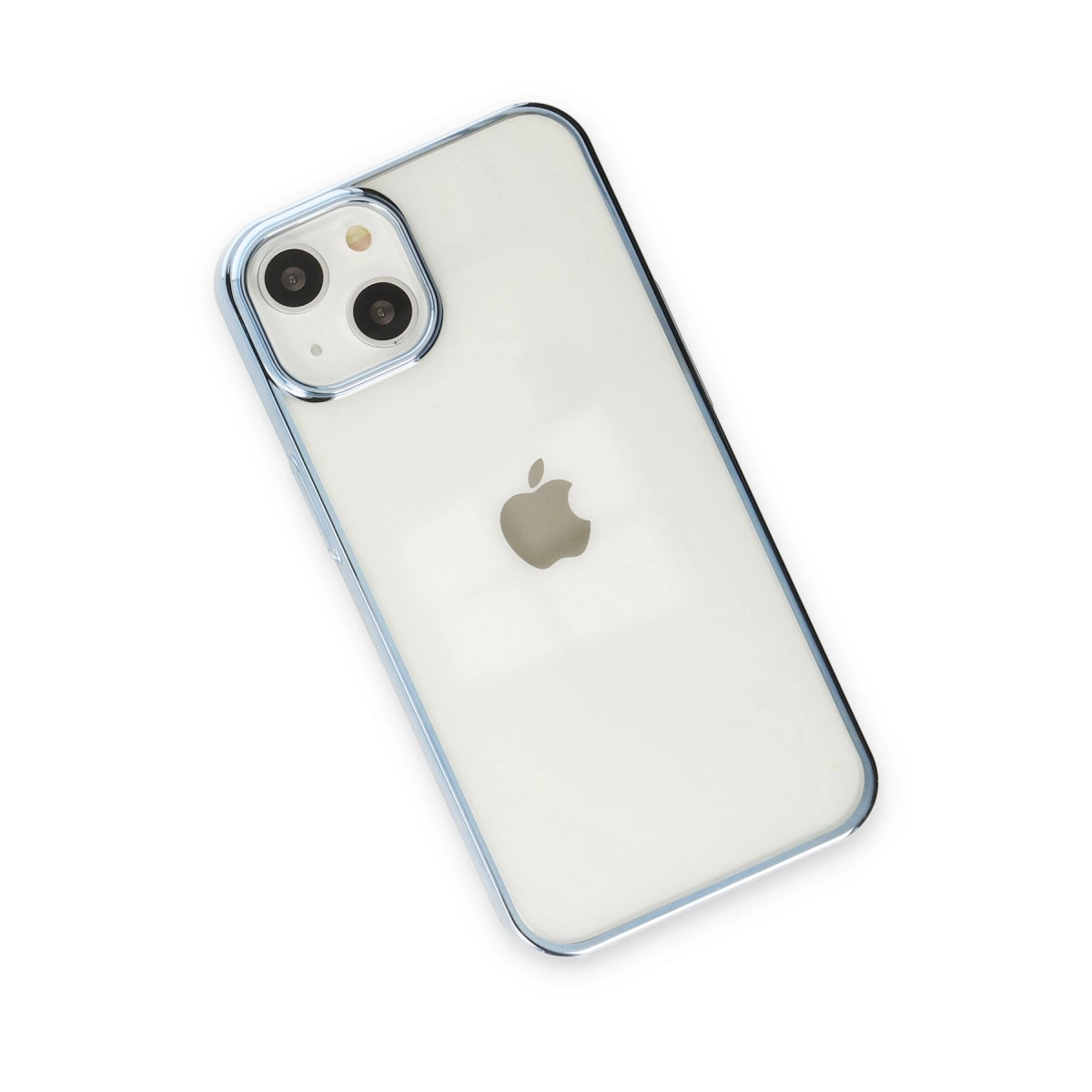 Gümüş kenarlı şeffaf kılıflı beyaz iPhone, açılı olarak gösteriliyor.