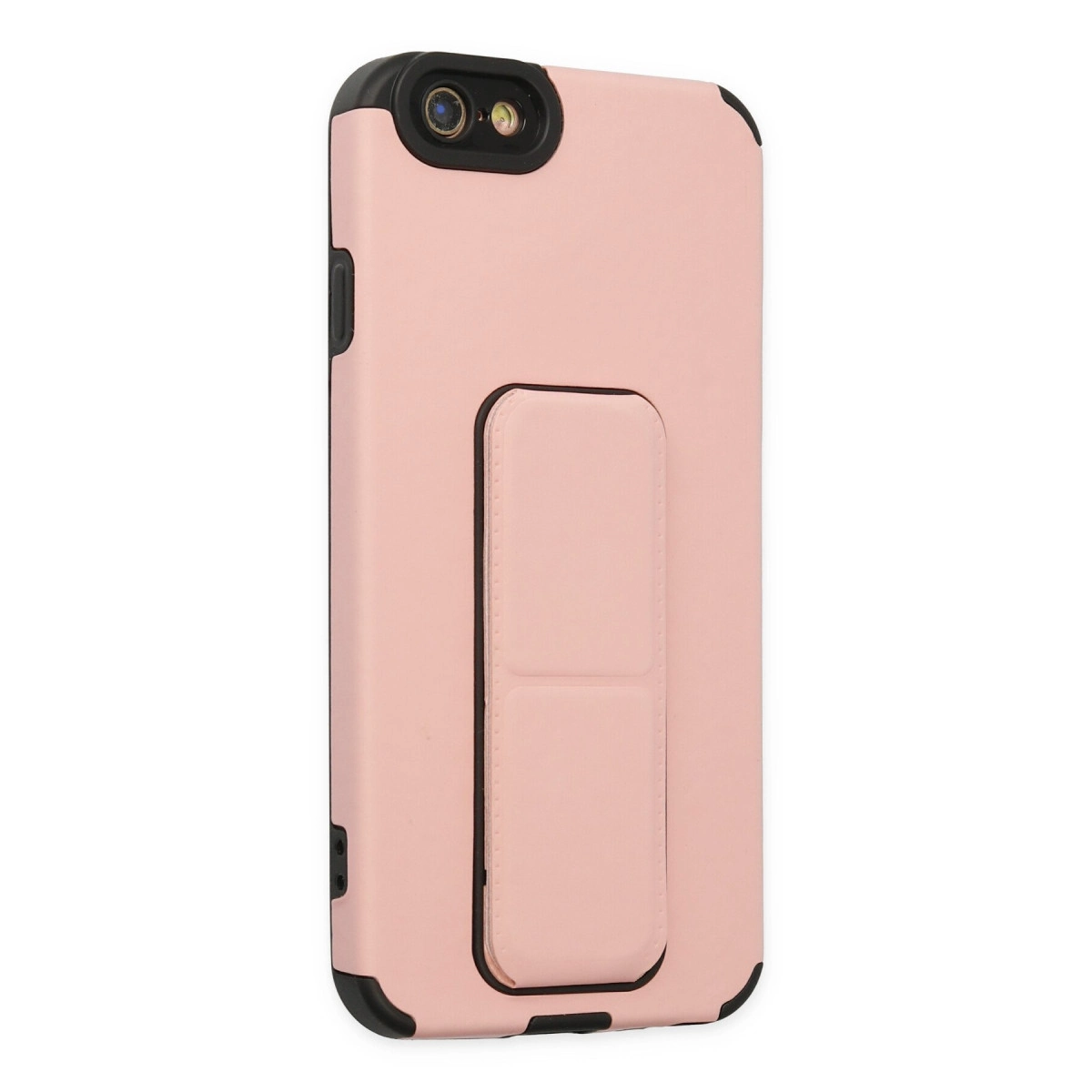 Siyah çerçeveli ve stantlı pembe telefon kılıfı.