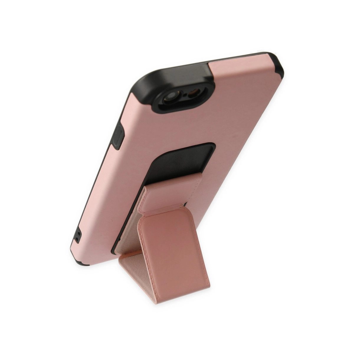 Siyah kenarlı ve entegre stantlı pembe telefon kılıfı.