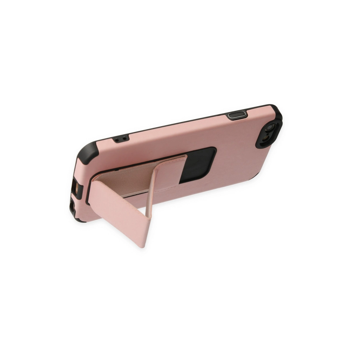 Beyaz arka plan üzerinde entegre stantlı pembe telefon kılıfı.