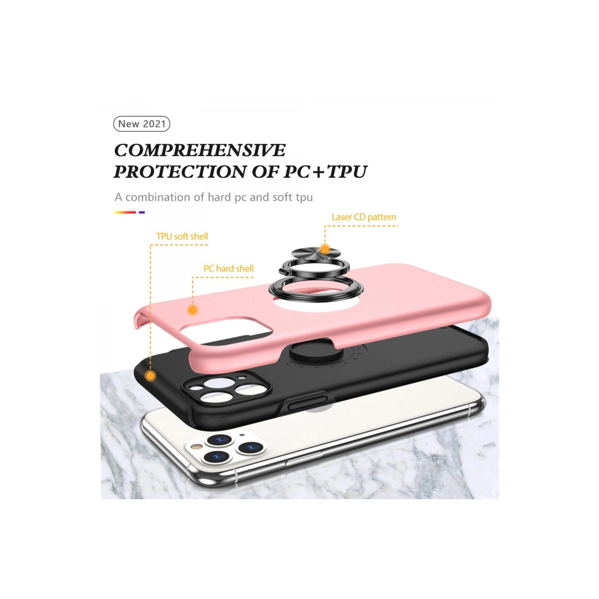Katmanlı telefon kılıfı: pembe TPU yumuşak kabuk, siyah PC sert kabuk, telefon.