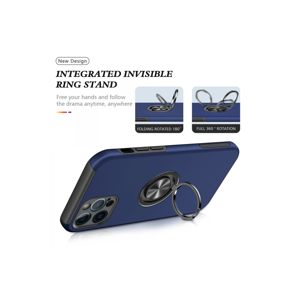 Entegre gümüş halka stantlı lacivert telefon kılıfı.