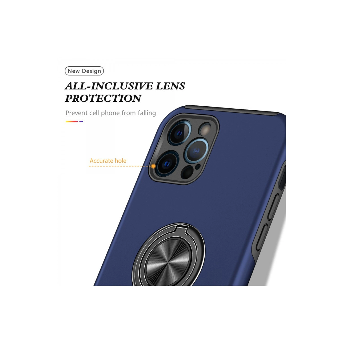 Lens korumalı ve halka tutuculu lacivert telefon kılıfı.