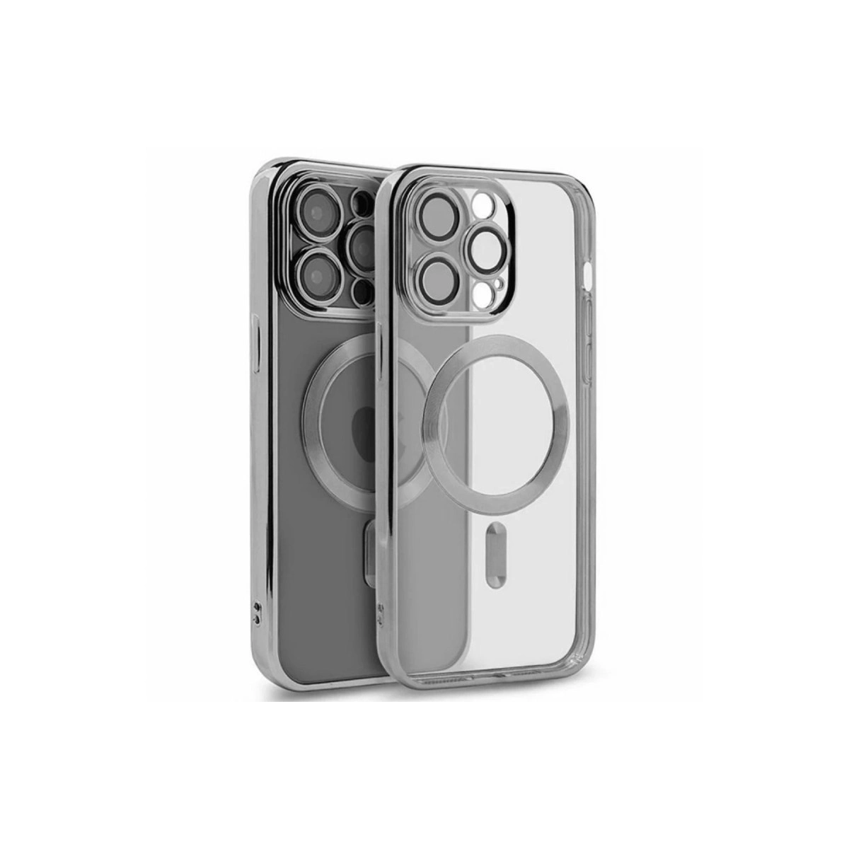Gümüş kenarlı ve kamera modüllü iki şeffaf telefon kılıfı.
