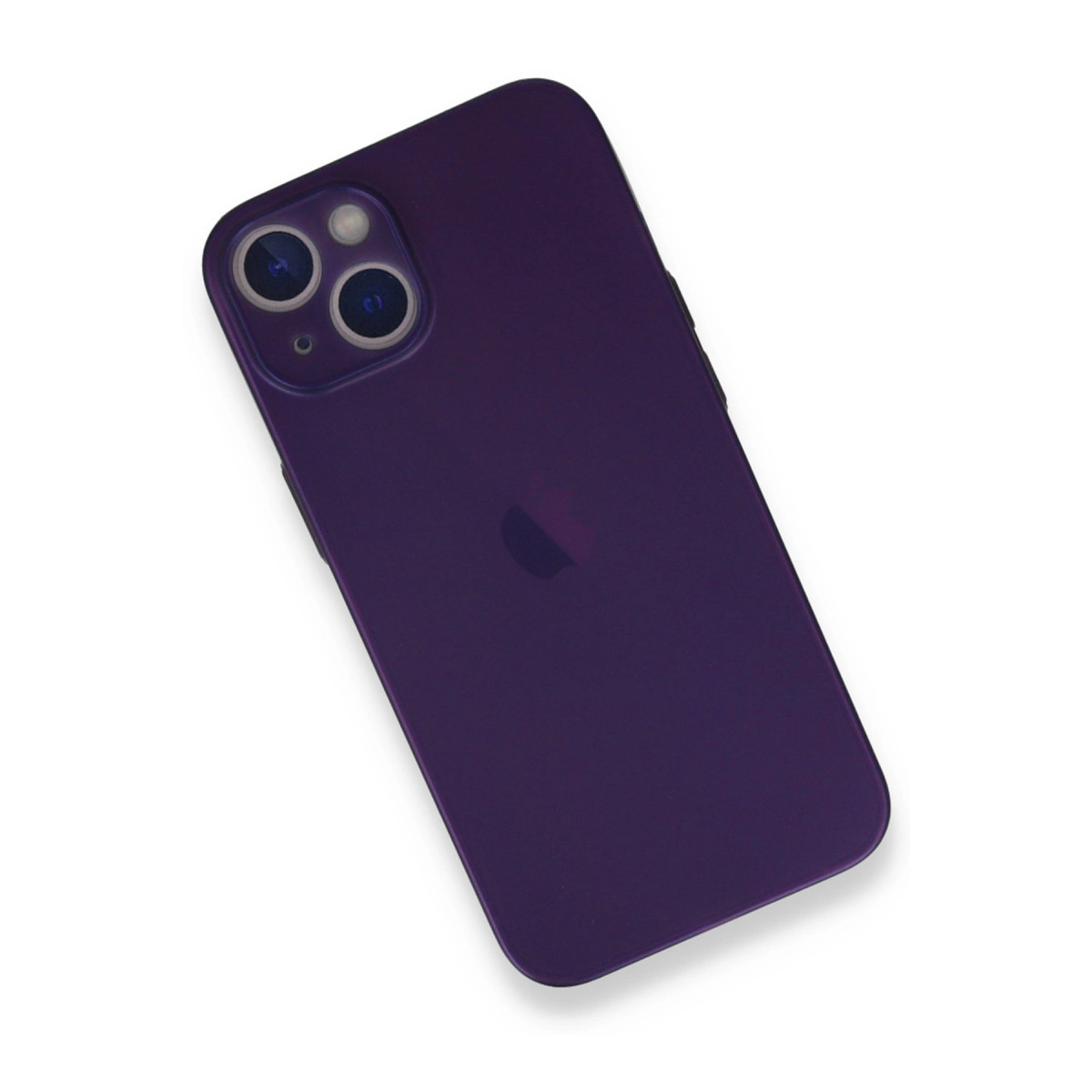 Beyaz zeminde iki kameralı mor bir iPhone.