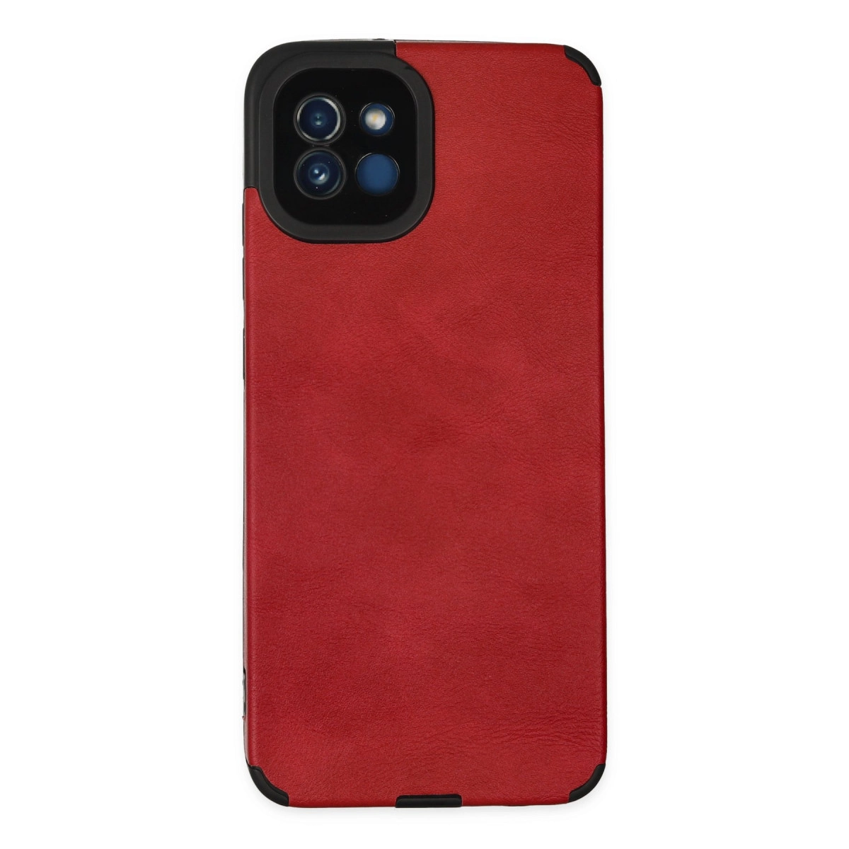 Dört lensli siyah kamera çıkıntısına sahip kırmızı telefon kılıfı.