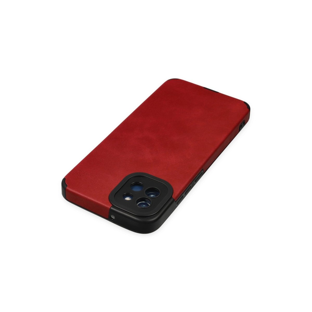 Siyah kamera çıkıntılı kırmızı telefon kılıfı, beyazda izole.