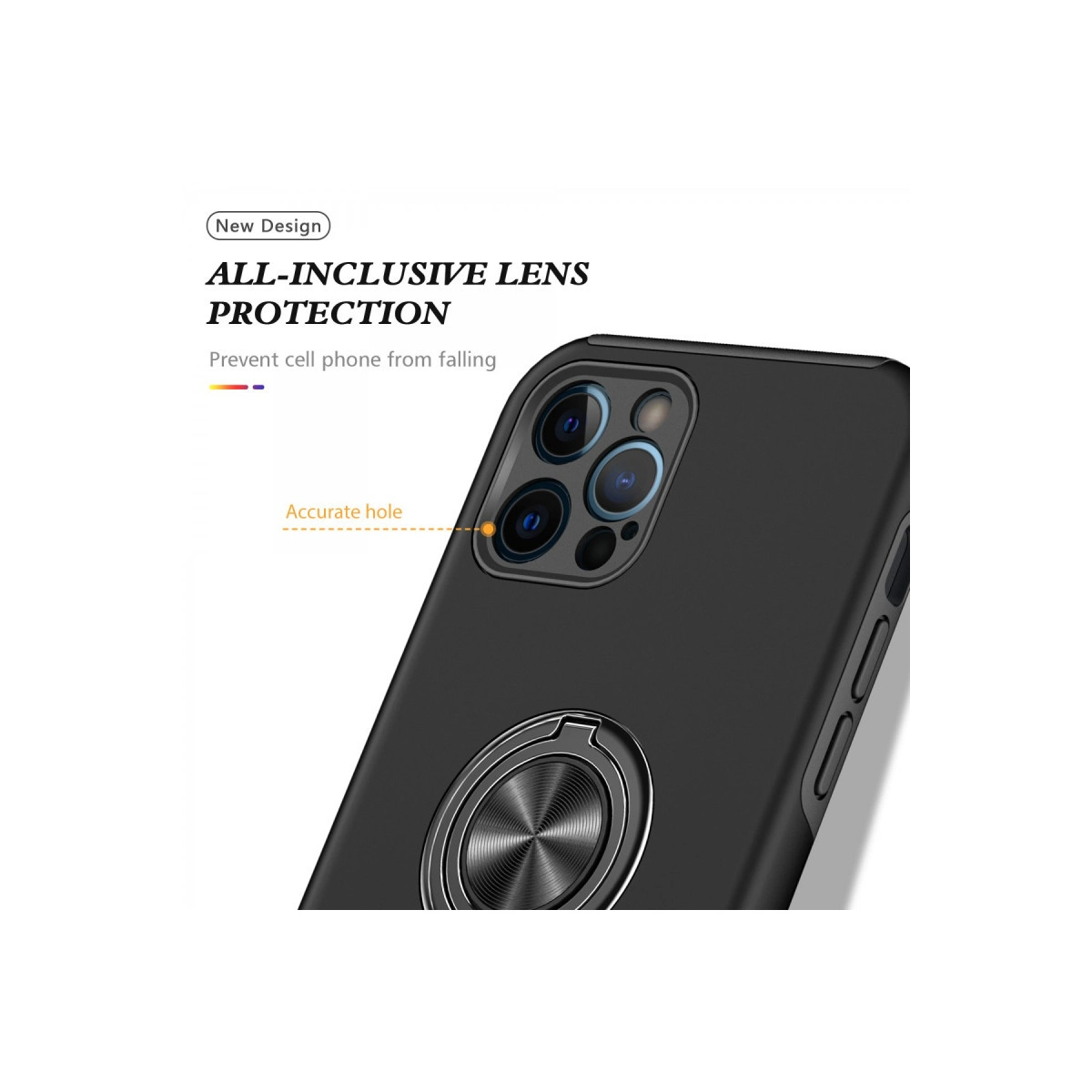 Lens korumalı ve halka standlı siyah telefon kılıfı. Hassas delik.